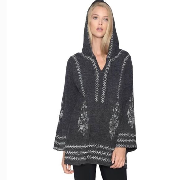 Beautiful Monoreno light Gray medium Embroidered Bohemian Hoodie Tunic Top - Picture 2 of 8